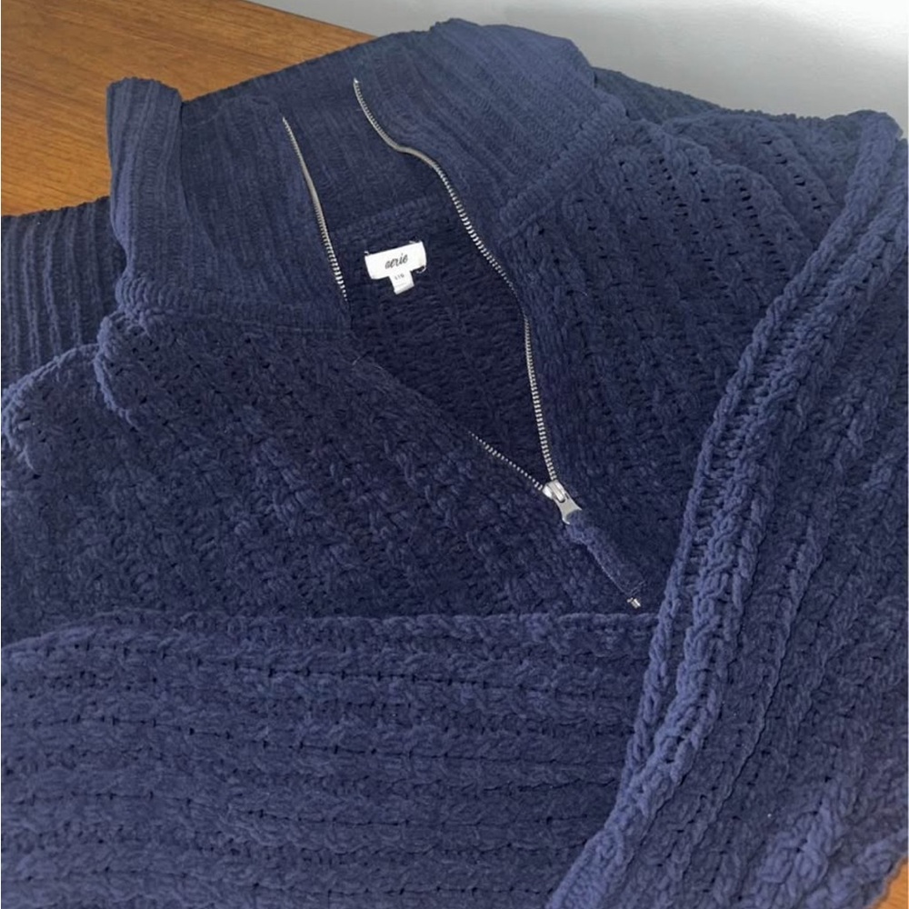 Aerie Navy Cable knit quarter zip Sweater